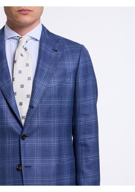 SINGLE-BREASTED CHECKED WOOL BLEND TAILORED JACKET - BLUE - LUIGI